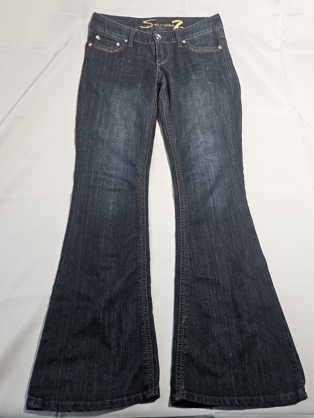Seven For All Mankind Y2K VTG Sexy Low Rise Dark Wash Flare Leg Rhinestone Sz 4